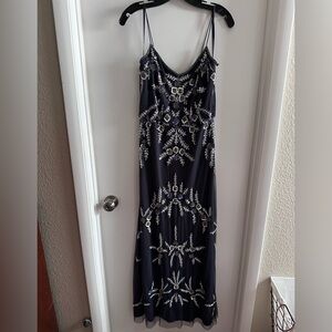 Adrianna Papell Blue and Silver Beaded Maxi Prom Dress